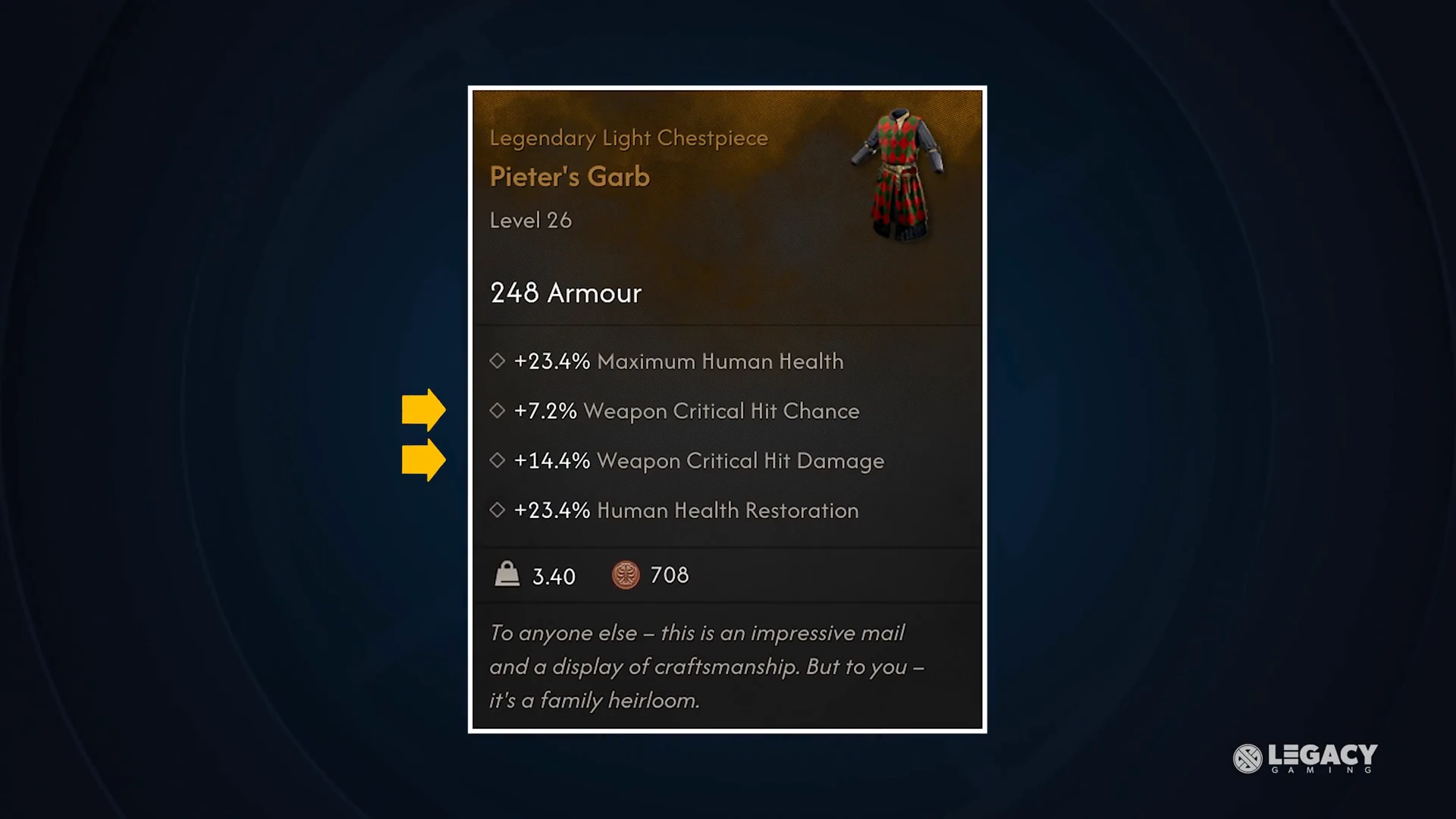 Pieter's Garb identified as a legendary light chestpiece