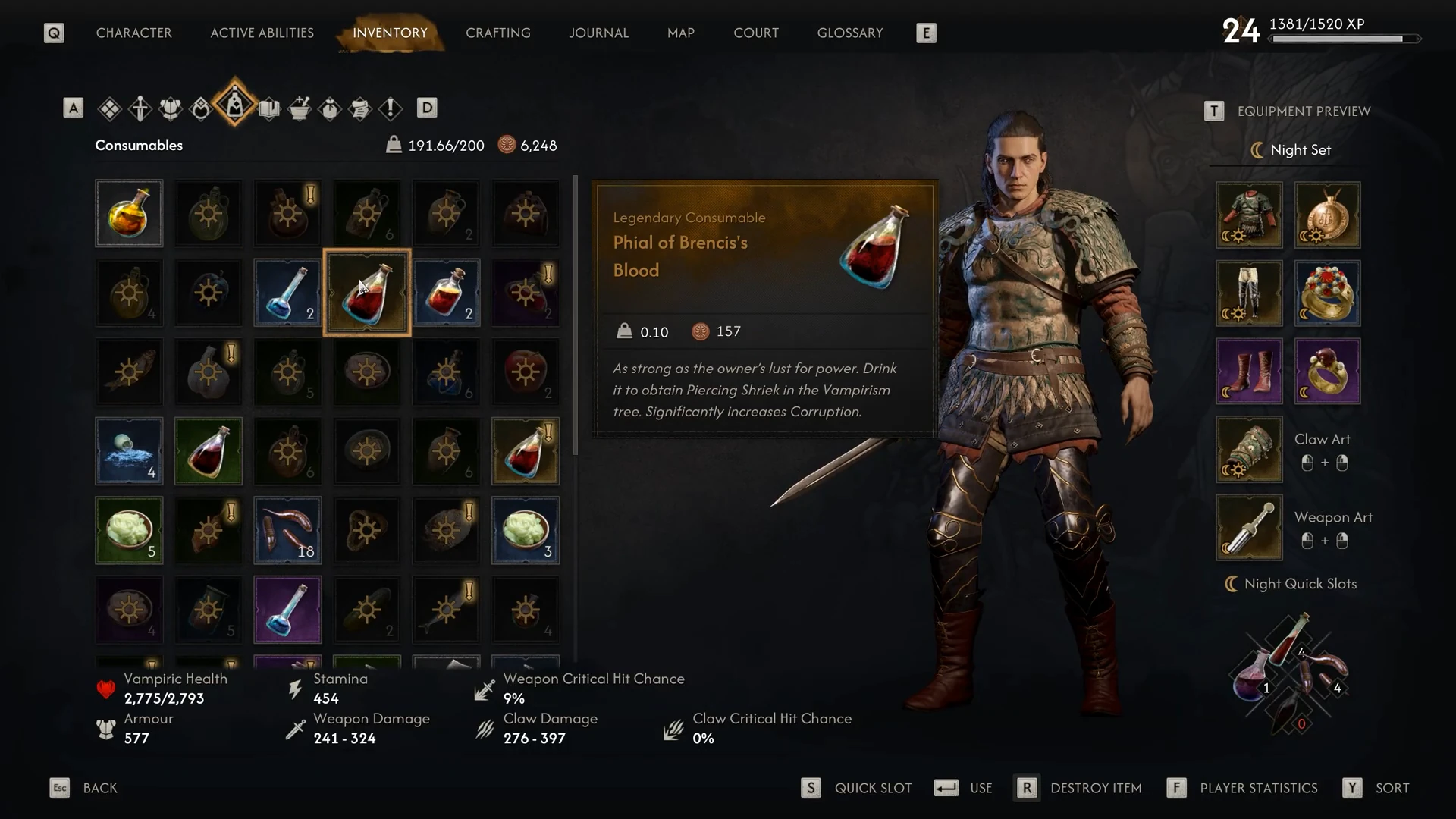 Blood phial panel showing Piercing Shriek and Corruption